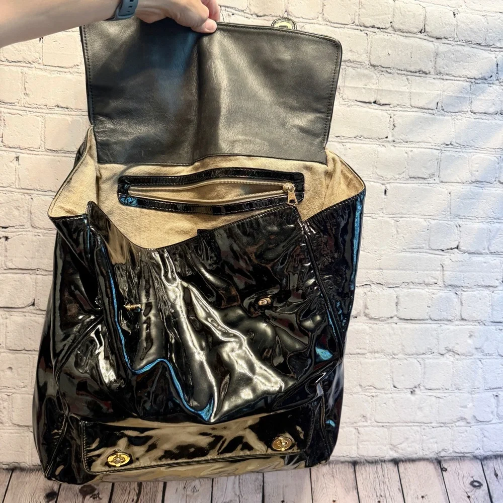 Barneys New York black glossy patent leather extra large tote bag carryall